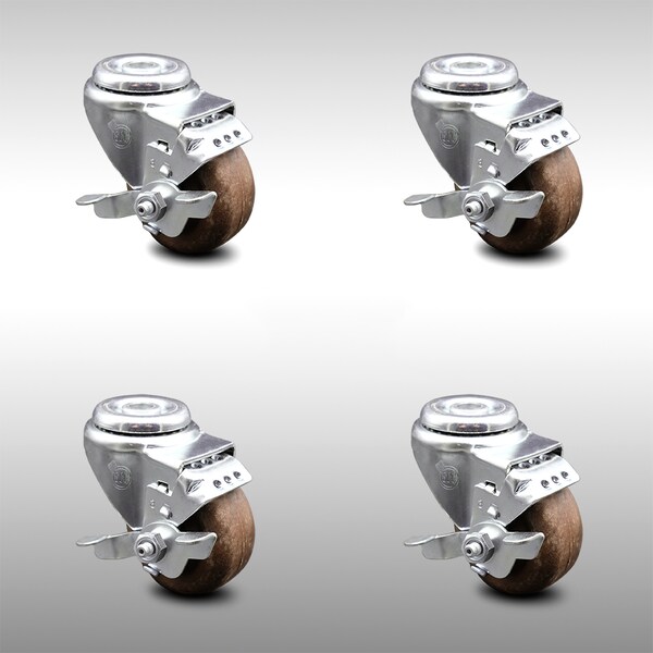 3.5 Inch SS High Temp Glass Filled Nylon Swivel Bolt Hole Caster Set with Brakes